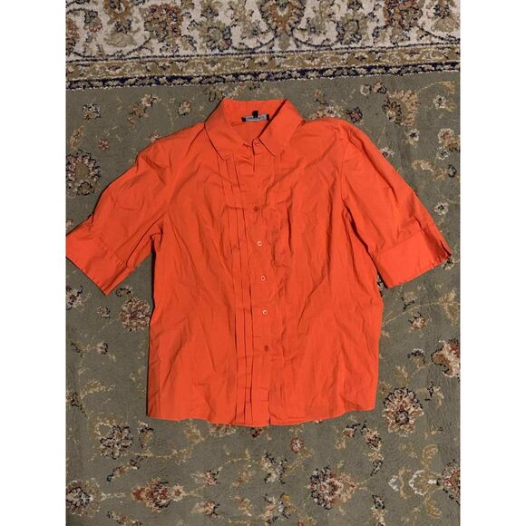 Lafayette 148 Cotton Blend Orange Pleated Short Sleeve Button Down Blouse, 14 - Picture 1 of 5